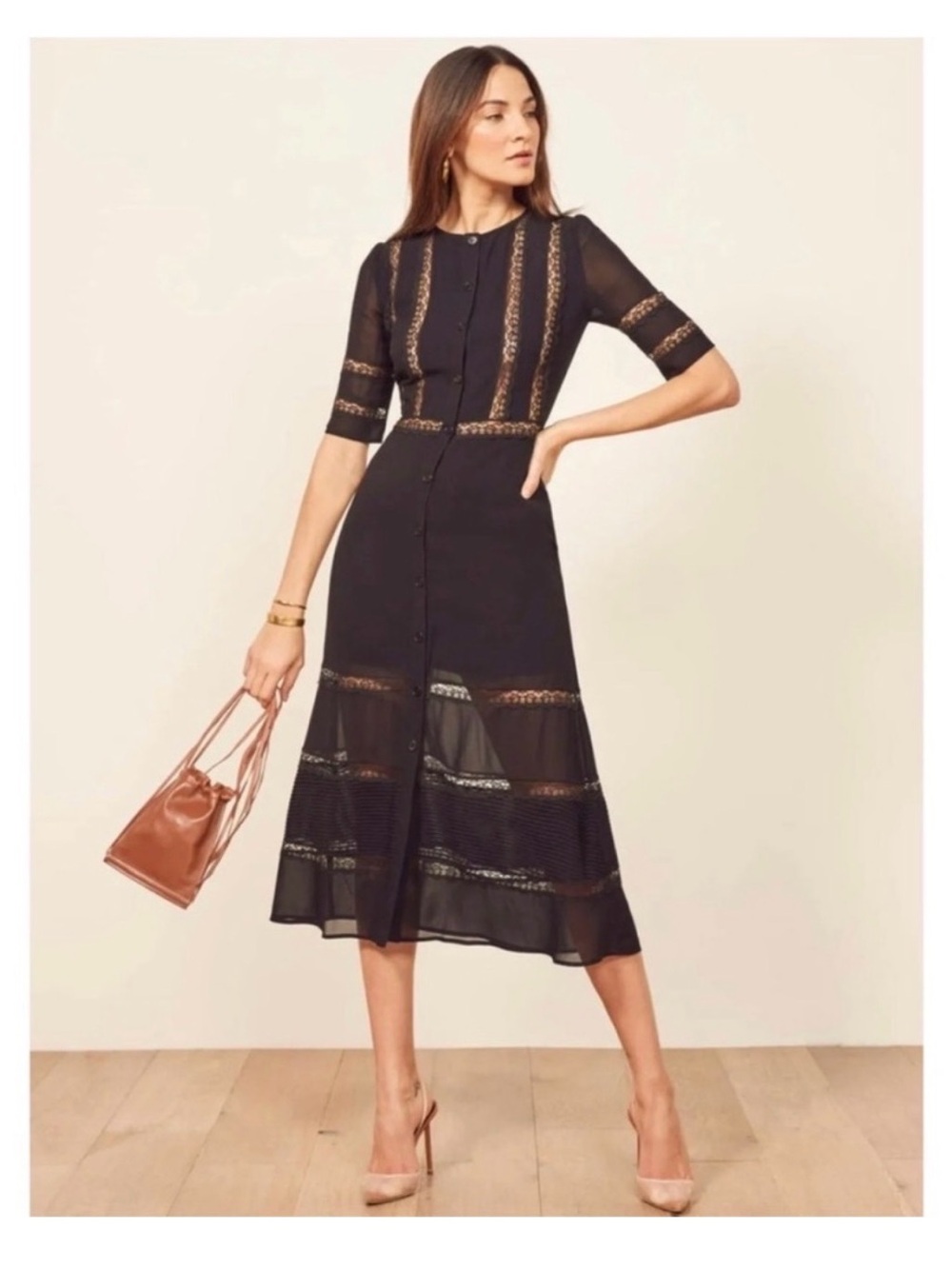 Reformation Surrey Lace-trimmed
Georgette Midi Dress Black